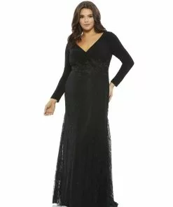 Mac Duggal Wrap-Over Long Sleeve Lace Applique Trumpet Gown (Plus) Plus Size