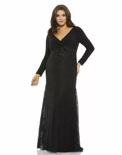 Mac Duggal Wrap-Over Long Sleeve Lace Applique Trumpet Gown (Plus) Plus Size