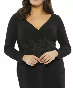 Mac Duggal Wrap-Over Long Sleeve Lace Applique Trumpet Gown (Plus) Plus Size