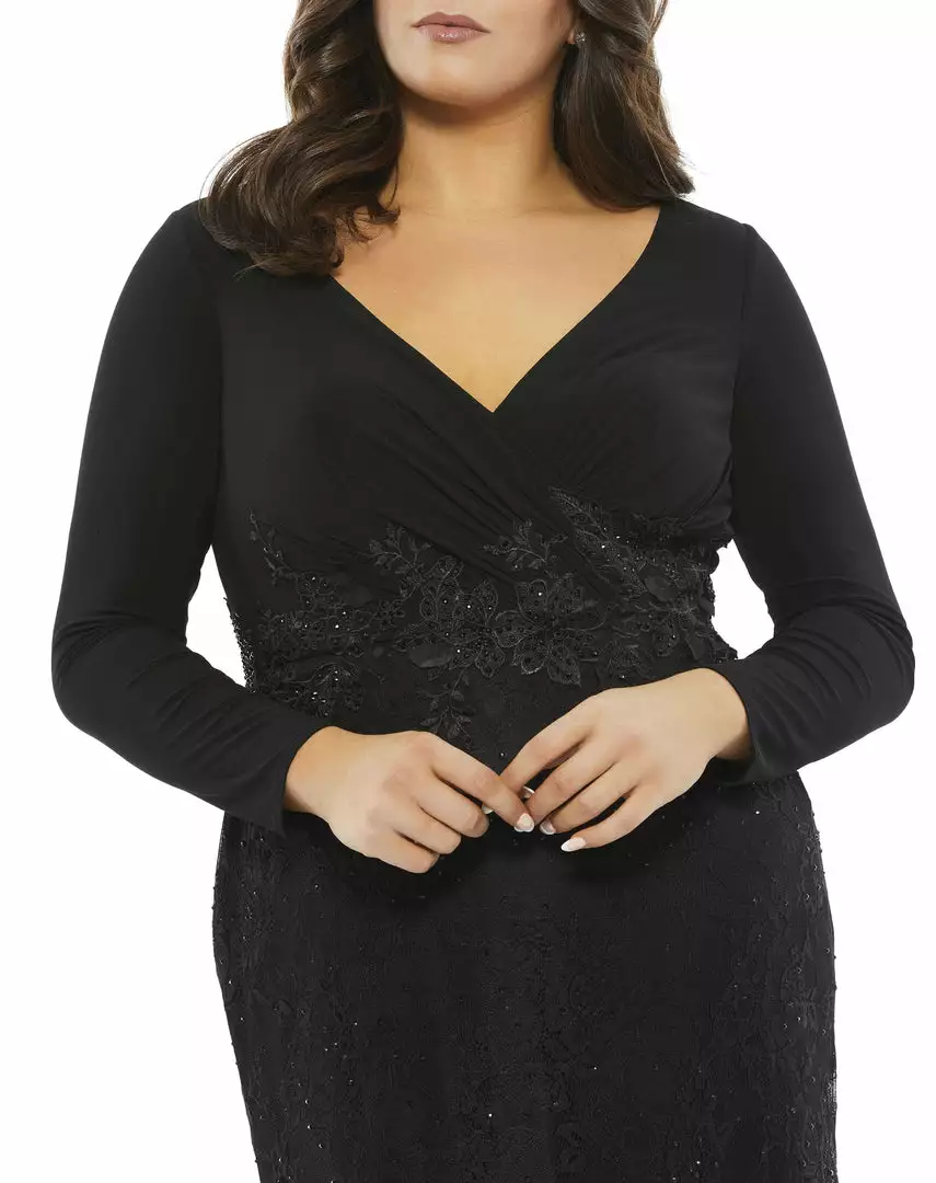 Mac Duggal Wrap-Over Long Sleeve Lace Applique Trumpet Gown (Plus) Plus Size