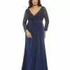 Mac Duggal Lace Illusion Long Sleeve V-Neck Draped Gown (Plus) Mother Of The Bride + Groom Dresses