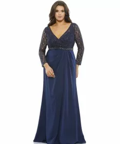 Mac Duggal Lace Illusion Long Sleeve V-Neck Draped Gown (Plus) Mother Of The Bride + Groom Dresses