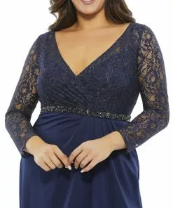 Mac Duggal Lace Illusion Long Sleeve V-Neck Draped Gown (Plus) Mother Of The Bride + Groom Dresses