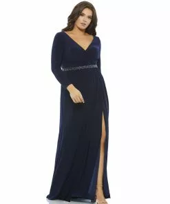 Mac Duggal Belted Faux Wrap Long Sleeve Jersey Gown (Plus) 8 Mac Duggal Belted Faux Wrap Long Sleeve Jersey Gown (Plus)
