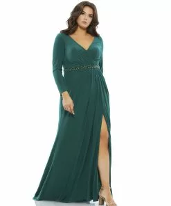 Mac Duggal Belted Faux Wrap Long Sleeve Jersey Gown (Plus) 10 Mac Duggal Belted Faux Wrap Long Sleeve Jersey Gown (Plus)