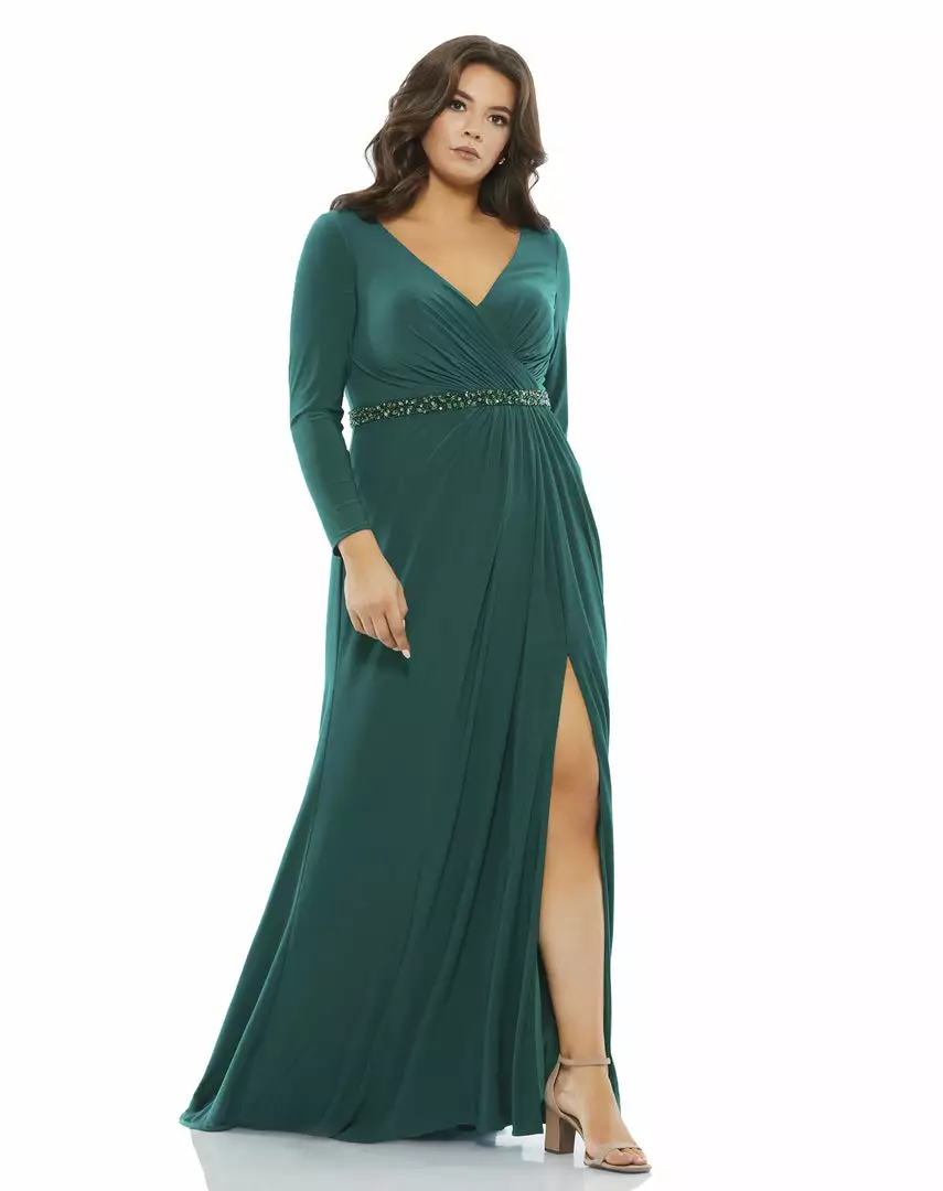 Mac Duggal Belted Faux Wrap Long Sleeve Jersey Gown (Plus) 5 Mac Duggal Belted Faux Wrap Long Sleeve Jersey Gown (Plus)