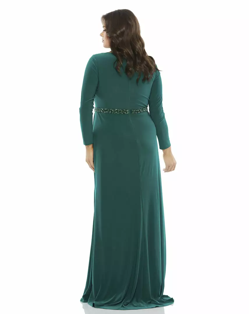 Mac Duggal Belted Faux Wrap Long Sleeve Jersey Gown (Plus) 6 Mac Duggal Belted Faux Wrap Long Sleeve Jersey Gown (Plus)