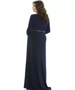 Mac Duggal Belted Faux Wrap Long Sleeve Jersey Gown (Plus)
