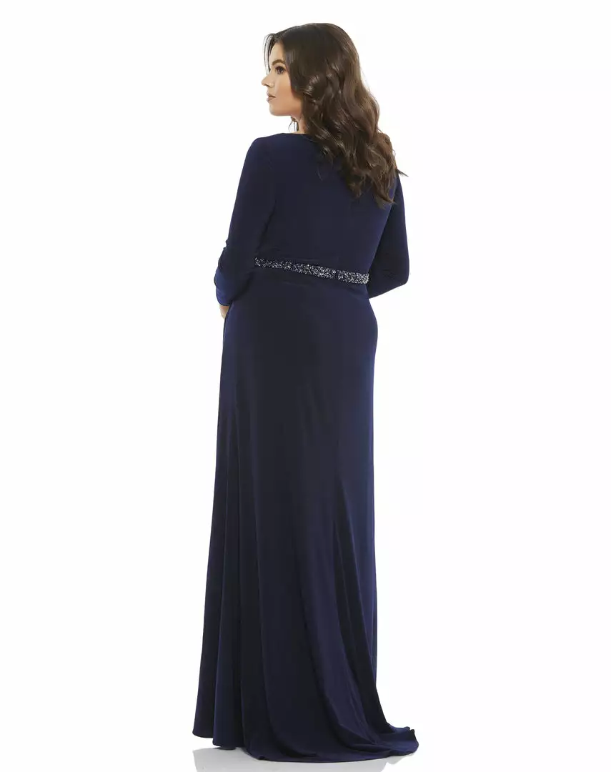 Mac Duggal Belted Faux Wrap Long Sleeve Jersey Gown (Plus) 2 Mac Duggal Belted Faux Wrap Long Sleeve Jersey Gown (Plus)