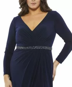 Mac Duggal Belted Faux Wrap Long Sleeve Jersey Gown (Plus) 9 Mac Duggal Belted Faux Wrap Long Sleeve Jersey Gown (Plus)