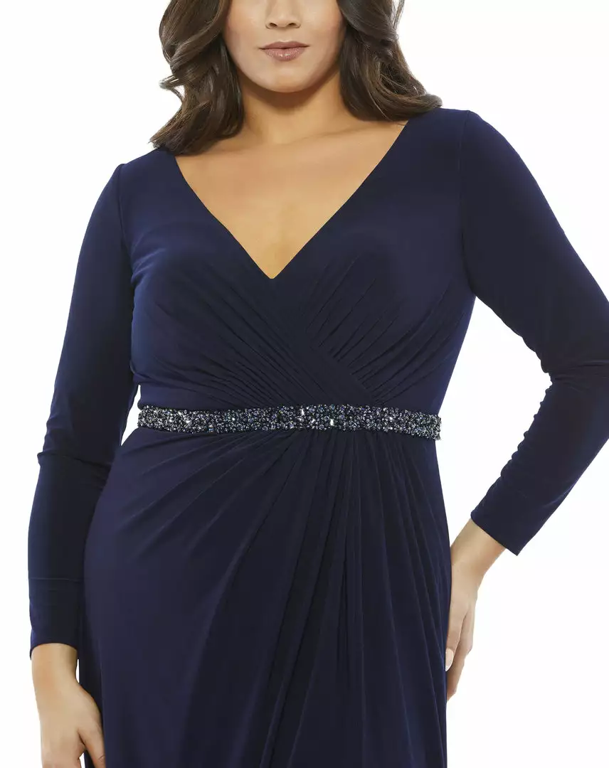 Mac Duggal Belted Faux Wrap Long Sleeve Jersey Gown (Plus) 4 Mac Duggal Belted Faux Wrap Long Sleeve Jersey Gown (Plus)
