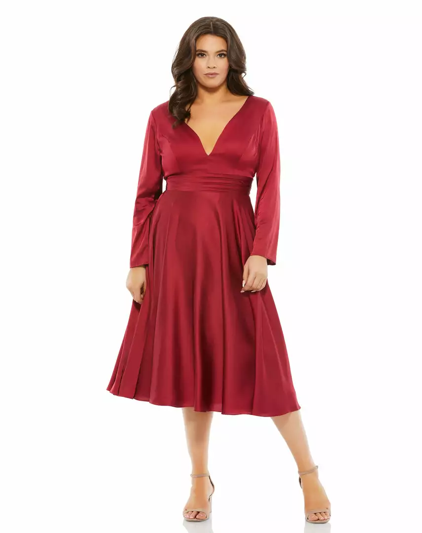 Mac Duggal Satin Long Sleeve Sweetheart Flowy Midi Dress (Plus) 1 Mac Duggal Satin Long Sleeve Sweetheart Flowy Midi Dress (Plus)