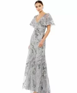 Mac Duggal Embellished V Neck Butterfly Sleeve Trumpet Gown