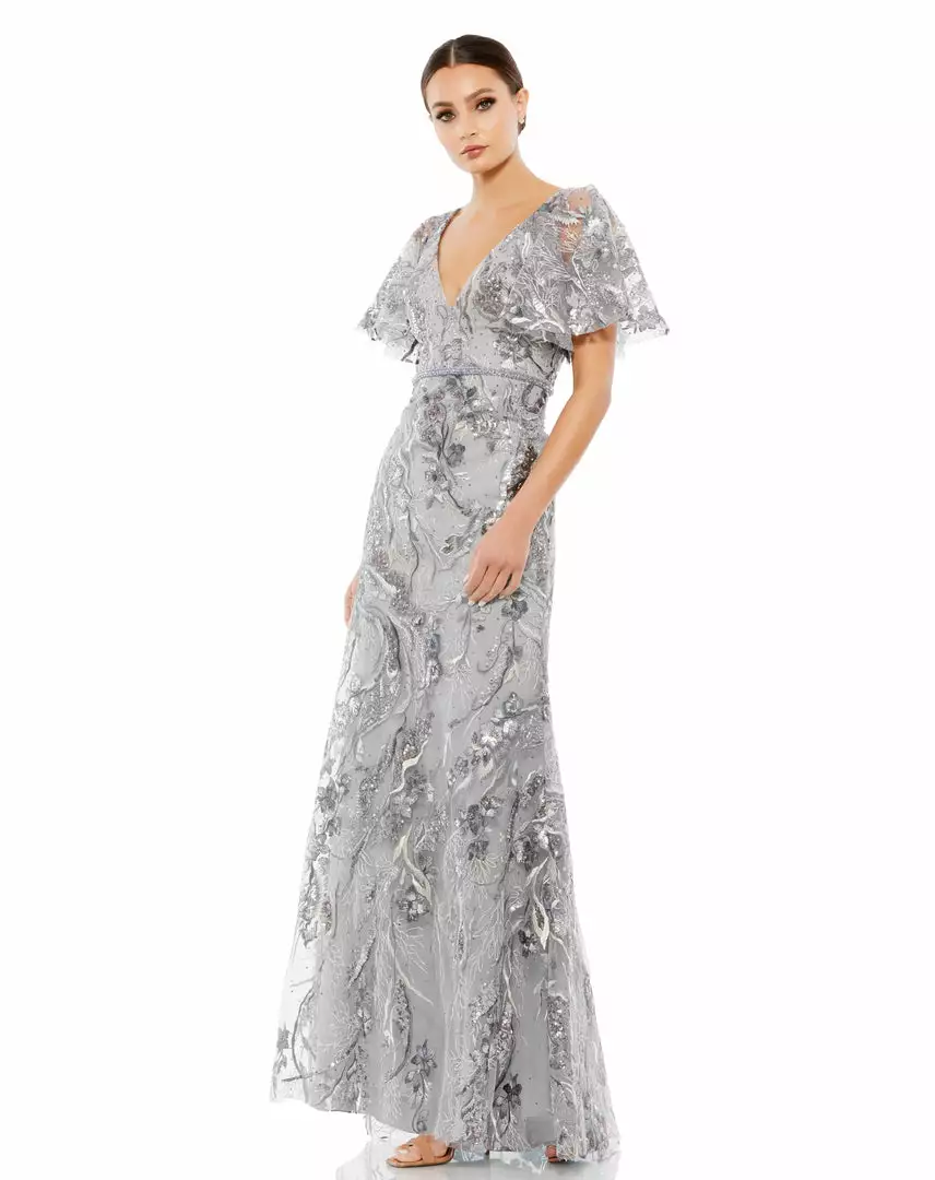 Mac Duggal Embellished V Neck Butterfly Sleeve Trumpet Gown 1 Mac Duggal Embellished V Neck Butterfly Sleeve Trumpet Gown