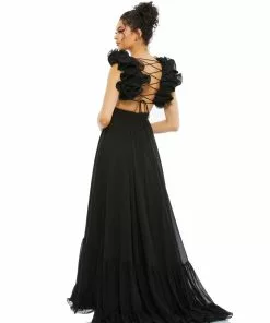 Ieena For Mac Duggal Ruffle Shoulder Lace Up Gown Shop For
