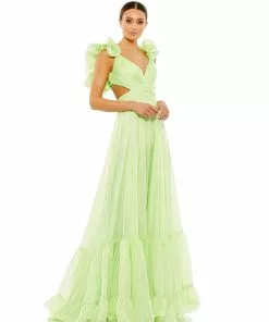 Ieena For Mac Duggal Ruffle Shoulder Lace Up Gown Shop For