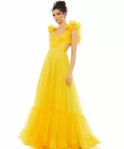 Ieena For Mac Duggal Ruffle Shoulder Lace Up Gown Shop For