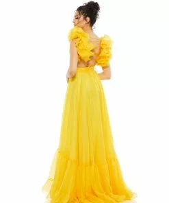 Ieena For Mac Duggal Ruffle Shoulder Lace Up Gown Shop For