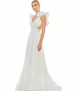 Ieena For Mac Duggal Ruffle Shoulder Lace Up Gown Shop For