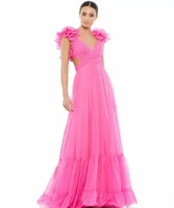 Ieena For Mac Duggal Ruffle Shoulder Lace Up Gown Shop For