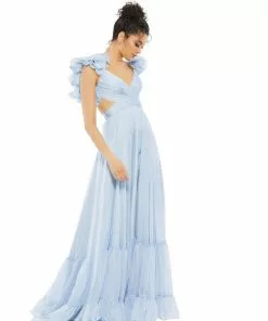 Ieena For Mac Duggal Ruffle Shoulder Lace Up Gown Shop For