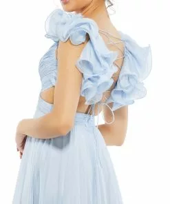 Ieena For Mac Duggal Ruffle Shoulder Lace Up Gown Shop For