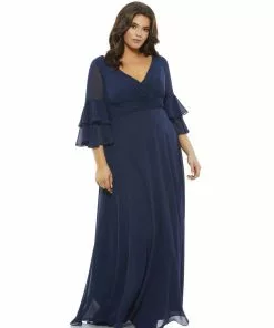 Mac Duggal Shop For Pleated Bell Sleeve Chiffon Gown (Plus)