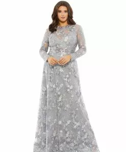 Mac Duggal Embellished Illusion Long Sleeve A Line Gown