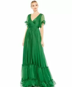 Mac Duggal Ruffled Butterfly Sleeve Evening Gown