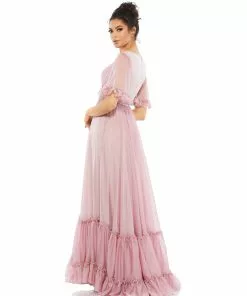Mac Duggal Ruffled Butterfly Sleeve Evening Gown