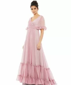 Mac Duggal Ruffled Butterfly Sleeve Evening Gown