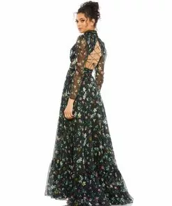 Mac Duggal Floral High Neck Puff Sleeve Gown Shop For