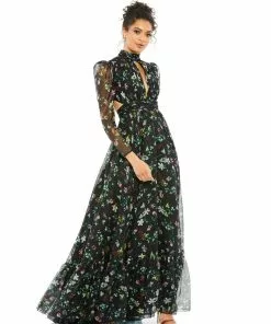 Mac Duggal Floral High Neck Puff Sleeve Gown Shop For