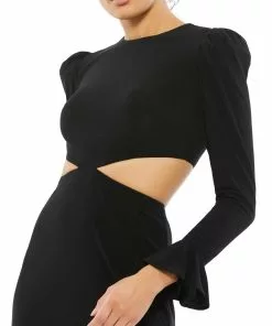 Ieena For Mac Duggal Long Sleeve Puff Shoulder Cut Out Gown