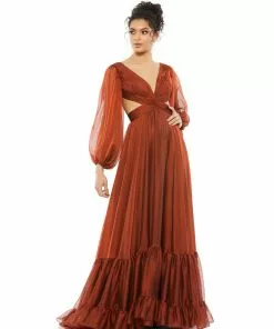 Mac Duggal Shop For Blouson Sleeve Tiered Open Back Dress