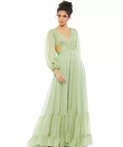 Mac Duggal Shop For Blouson Sleeve Tiered Open Back Dress