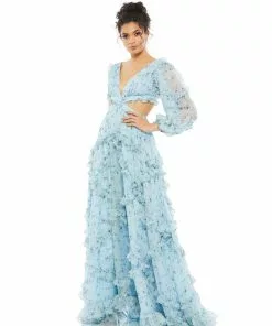 Ieena For Mac Duggal Shop For Ruffle Tiered Floral Cutout Long Sleeve Gown