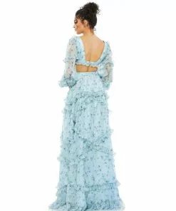 Ieena For Mac Duggal Shop For Ruffle Tiered Floral Cutout Long Sleeve Gown