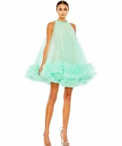 Mac Duggal High Neck Gathered Tulle A-Line Swing Dress