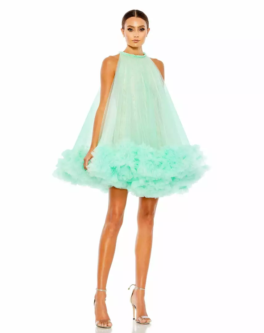 Mac Duggal High Neck Gathered Tulle A-Line Swing Dress 1 Mac Duggal High Neck Gathered Tulle A-Line Swing Dress