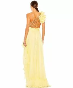 Mac Duggal Ruffled One Shoulder Asymmetrical Gown