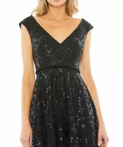 Mac Duggal Sequined V Neck Cap Sleeve Dress