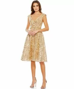Mac Duggal Sequined V Neck Cap Sleeve Dress