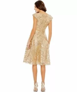 Mac Duggal Sequined V Neck Cap Sleeve Dress