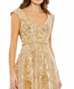 Mac Duggal Sequined V Neck Cap Sleeve Dress