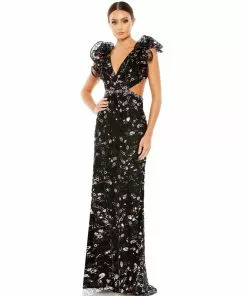 Mac Duggal Embellished Ruffled Shoulder Lace Up Gown