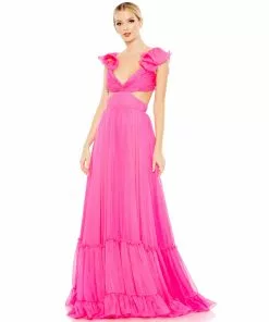 Mac Duggal Ruched Ruffled Shoulder Cut Out Lace Up Gown