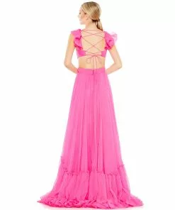 Mac Duggal Ruched Ruffled Shoulder Cut Out Lace Up Gown