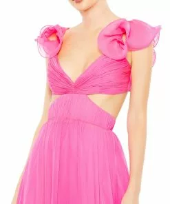 Mac Duggal Ruched Ruffled Shoulder Cut Out Lace Up Gown