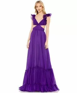 Mac Duggal Ruched Ruffled Shoulder Cut Out Lace Up Gown